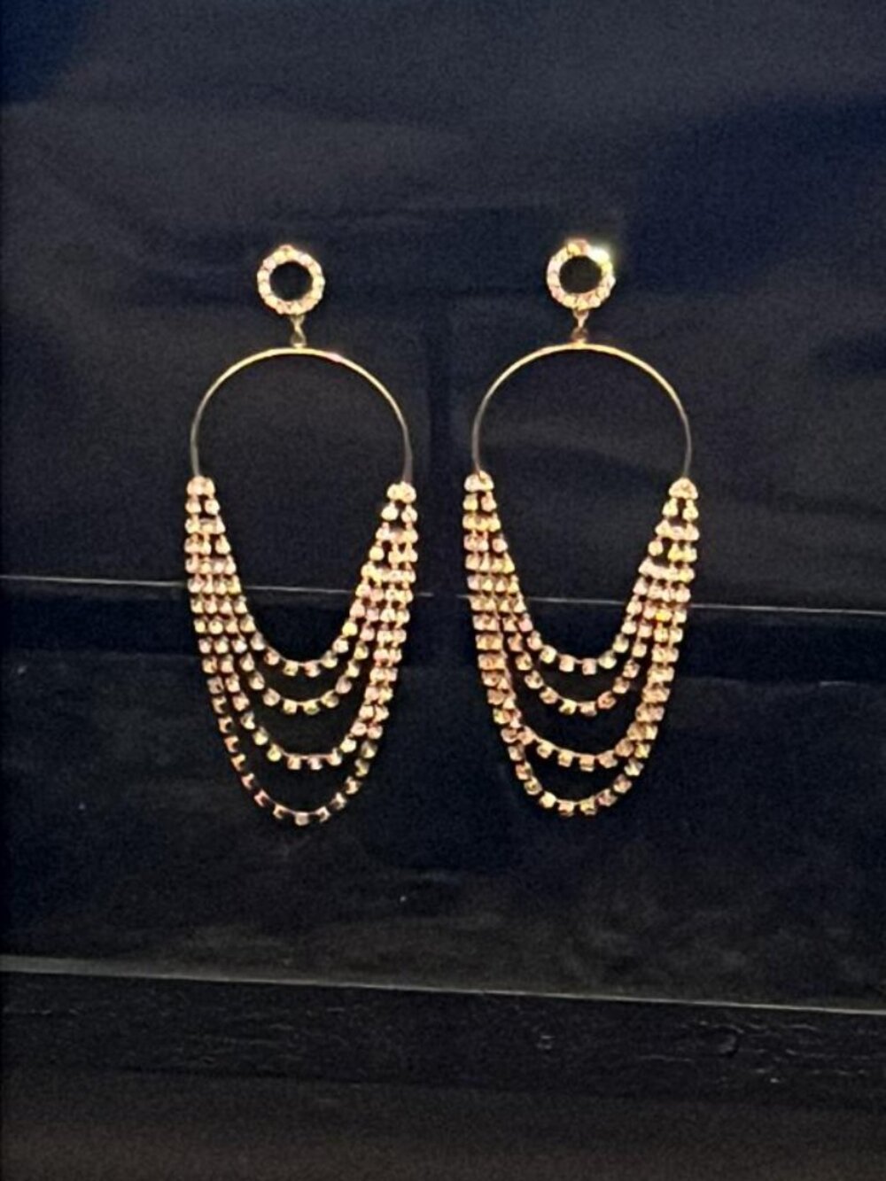 4 1/2" Long Gold Tone with 3 Rows of Clear Rhinestones Earrings